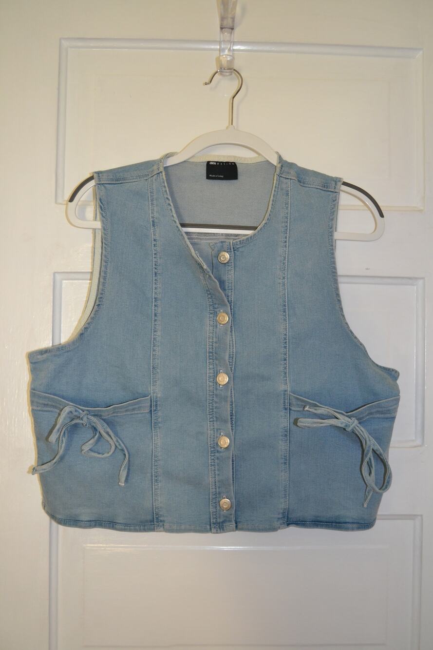 ASOS Light Denim Button Up Bow Detail Top Size L Western Cowgirl Coastal